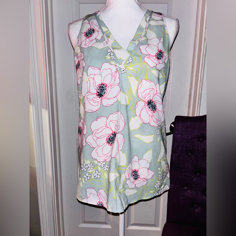 Madison Mint Green Floral V-Neck Sleeveless Top